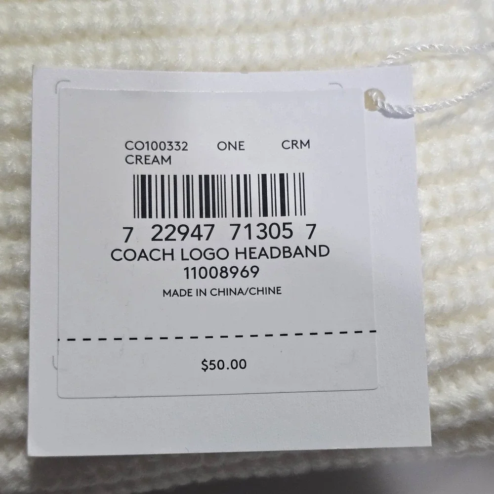 Coach Logo Headband Cream Acrylic Knit Ribbed Comfort Warm‎